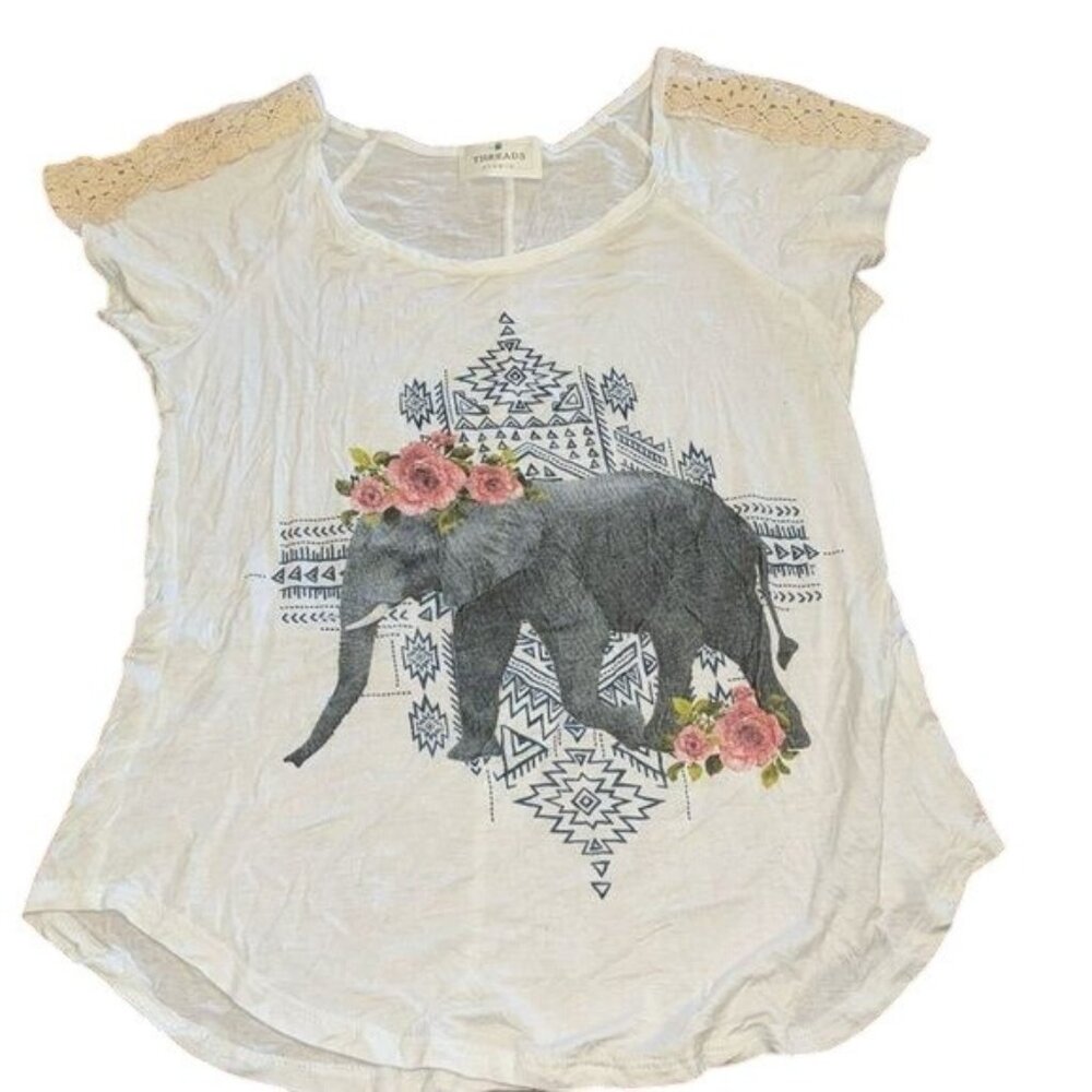 Threads Studio Womens S White Tee With Elephant & Floral Design
